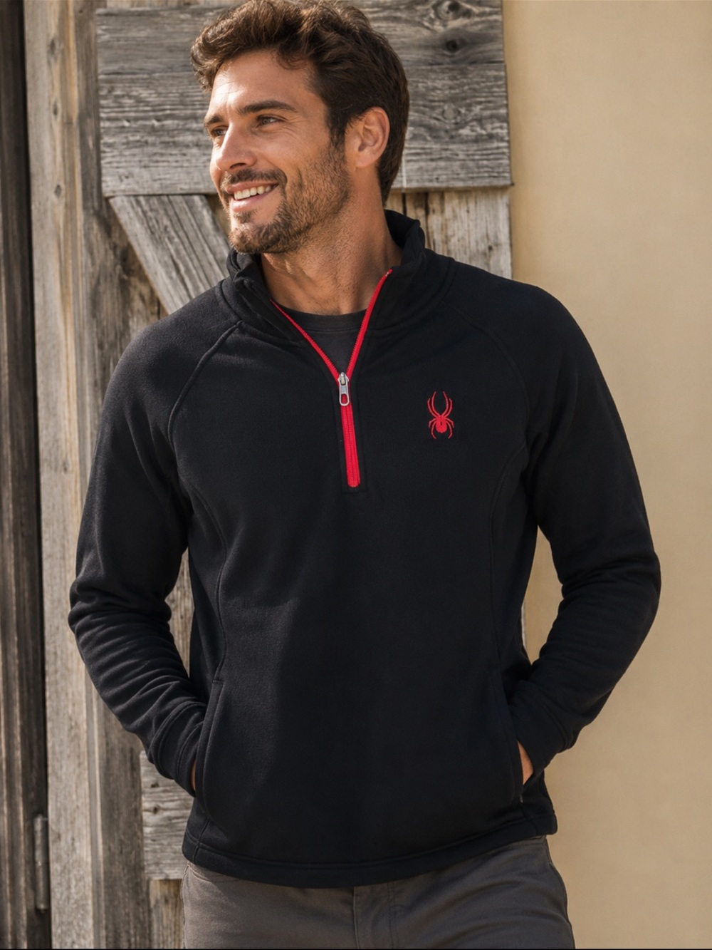 Men's Black Quarter-Zip Sweater with Red Accents